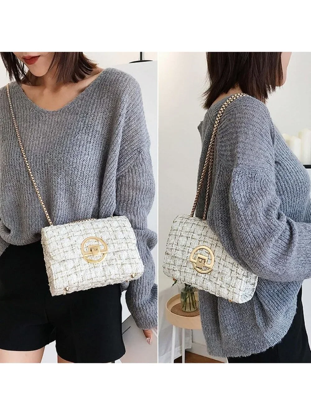 👜Women's White Travel Shoulder Bag Chain Quilted Crossbody Evening Clutch